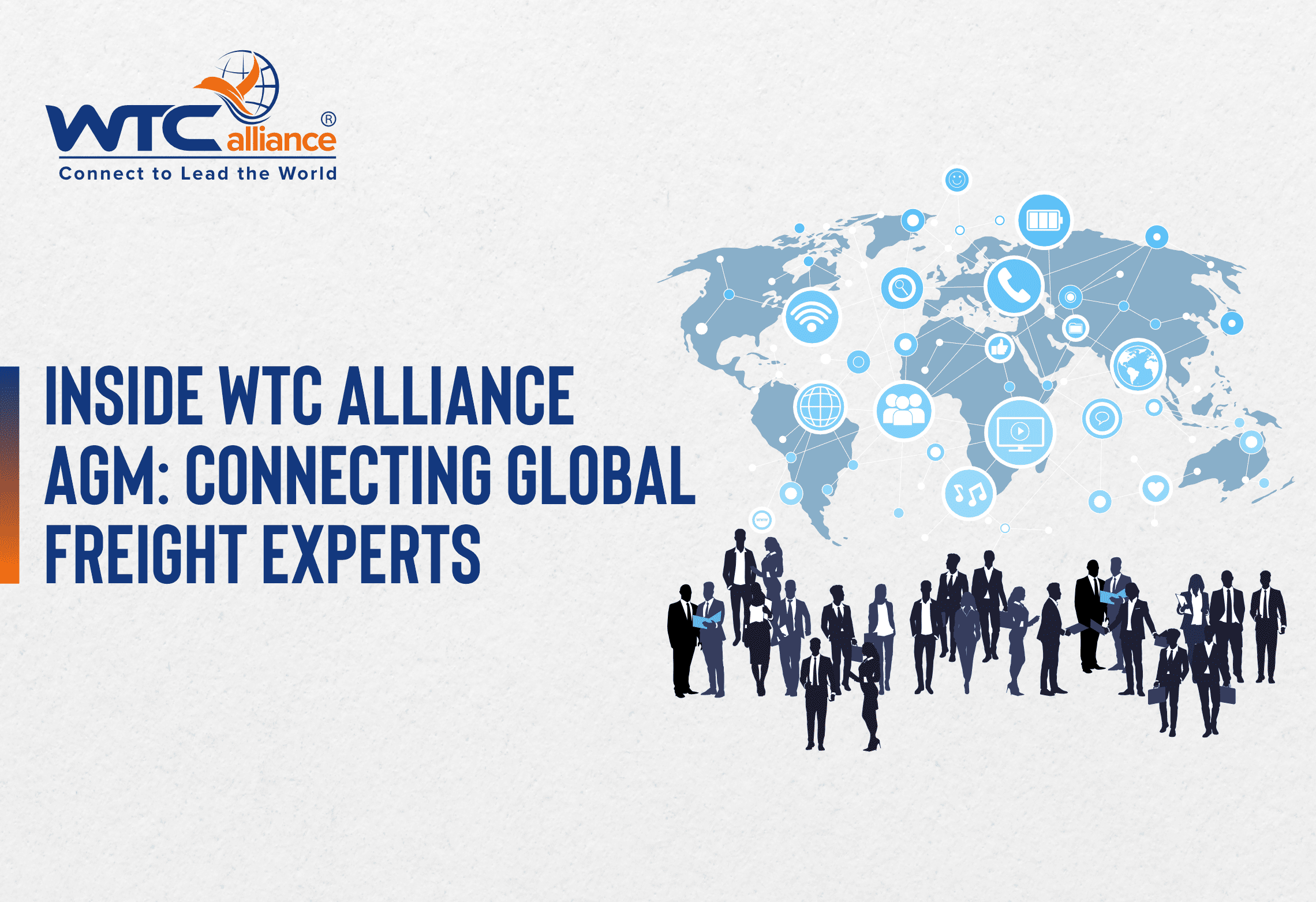 Silhouettes of business professionals networking in front of a blue world map with digital communication icons, illustrating global connection at WTC Alliance AGM.